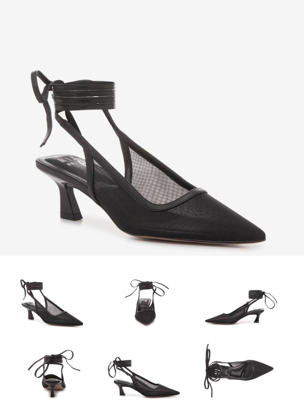 Mix No. 6 Black Mesh Pointed Ankle-Tie Kitten Heels